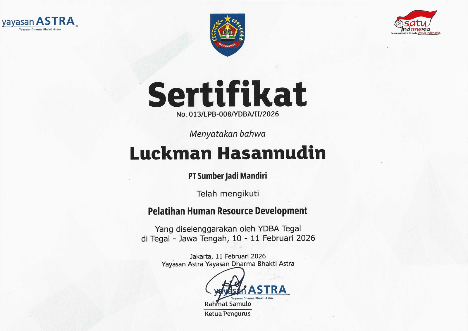 Sertifikat PT. Sumber Jadi Mandiri